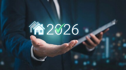 Obraz premium A businessman presents a glowing holographic icon with houses and the year 2026 checkmark, symbolizing future real estate investment success.