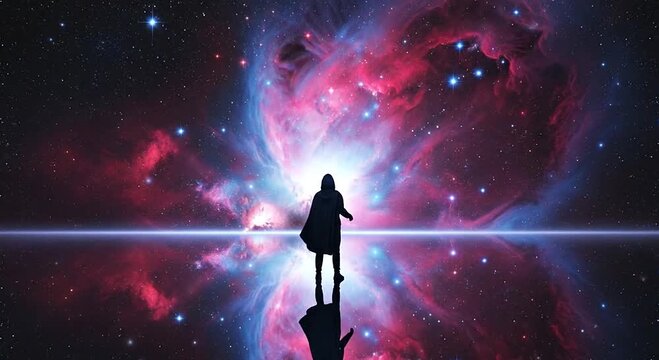 Silhouette of person reaching up to vibrant nebula and stars, reflected on a glowing surface