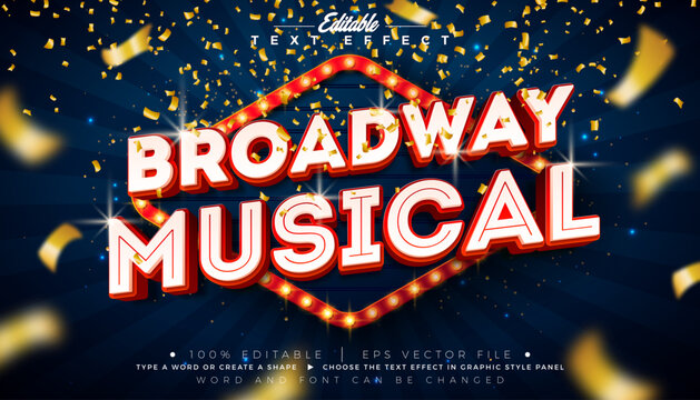 Broadway Musical Text Effect Design Editable Vector Graphic Style Effect with Light Bulb Frame Billboard and 3d Typography Lettering on Falling Gold Confetti Background. Premium Luxury Vegas Night