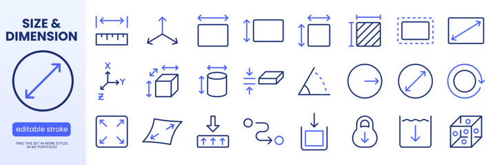 Measurement and dimension line icon set. Ruler, 3D axis, width, height, diameter minimal vector illustrations. Simple outline signs for geometry size tools. Blue duotone color. Editable Stroke