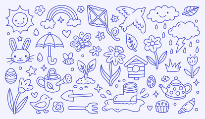 Spring, Easter doodle collection with hand drawn line art garden elements, bunny, flowers, rainbow, sun. Vector icons for gardening, weather, nature. Cute illustrations for kids cards. Editable stroke