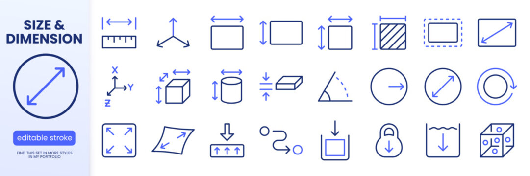 Measurement and dimension line icon set. Ruler, 3D axis, width, height, diameter minimal vector illustrations. Simple outline signs for geometry size tools. Blue duotone color. Editable Stroke