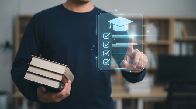 A person holding books points at a virtual graduation cap and checklist, symbolizing online learning, educational achievement, and future success.