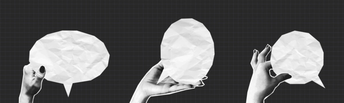 Collage halftone hands holding speech bubbles made from crumpled paper texture. People give speech bubble cut out from crumpled paper in hand. Collage design. Vector.