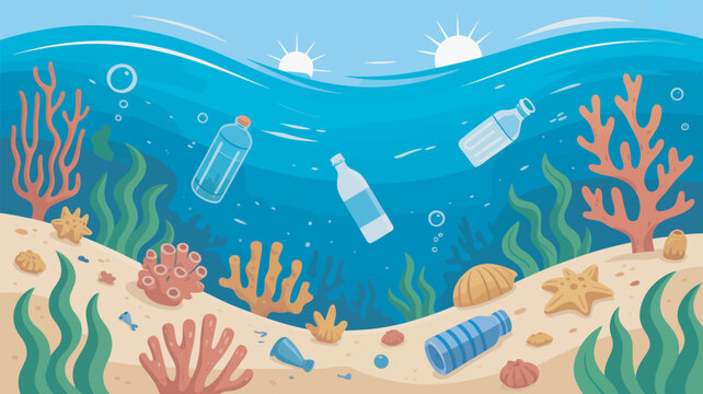 An illustration of ocean pollution with plastic bottles and coral reef