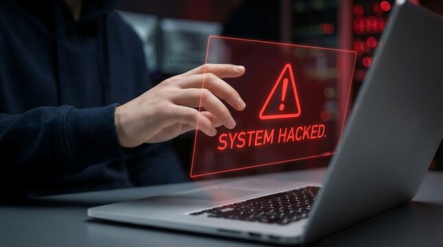 A hand points to a red holographic "System Hacked" warning above a laptop, signifying a critical cyber threat and data breach.