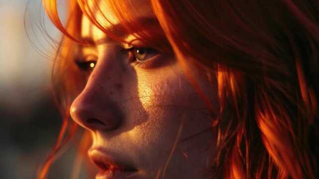 A close-up view of a woman with vibrant red hair, ideal for use in editorial or advertising contexts