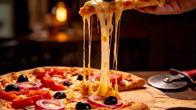 Hand lifting a slice of fresh pizza with long, stringy melted cheese and vegetable toppings from a wooden board, suitable for restaurant menus, food advertisements, recipe content, and culinary blogs.