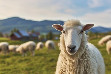 Obraz premium Curious Sheep in a Lush Green Pasture. Fluffy sheep standing in a vibrant green pasture with a grazing flock and rolling mountains in the background, rural landscape.