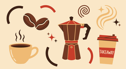 Obraz premium Coffee items collection with decorative elements in flat retro style for cafe menu and branding