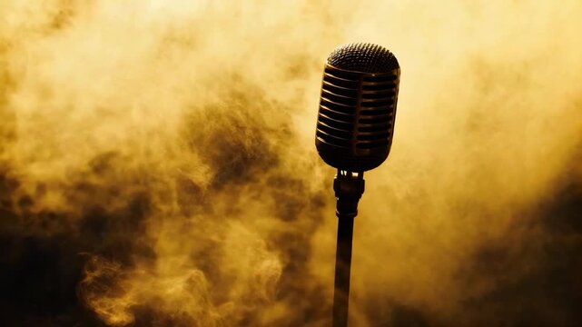 A vintage microphone stands tall against a hazy golden backdrop, ready for a performance