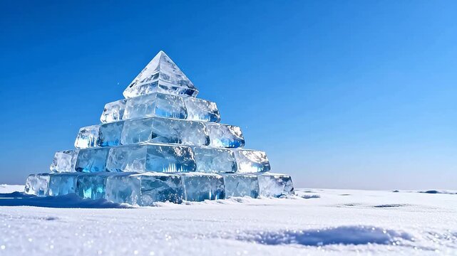 Ice block pyramid in snowy landscape