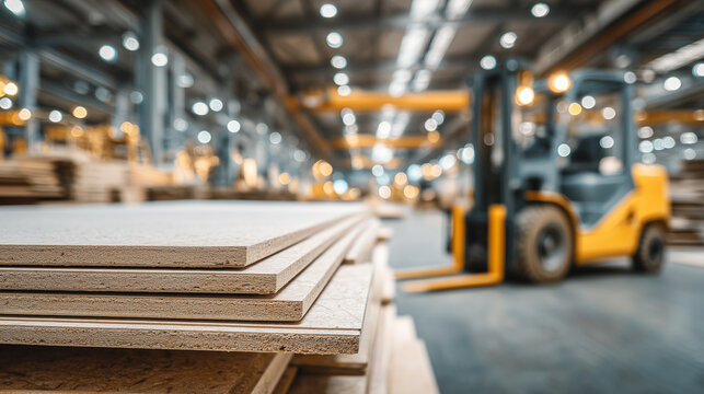 Stack of wooden boards in factory warehouse with forklift in background, lumber industry production and woodworking manufacturing concept