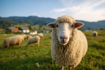 Obraz premium Curious Sheep in a Lush Green Pasture. Fluffy sheep standing in a vibrant green pasture with a grazing flock and rolling mountains in the background, rural landscape.