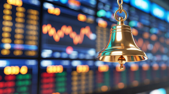 A close-up photograph of a golden brass bell hanging from a chain in front of a blurred stock market display screen