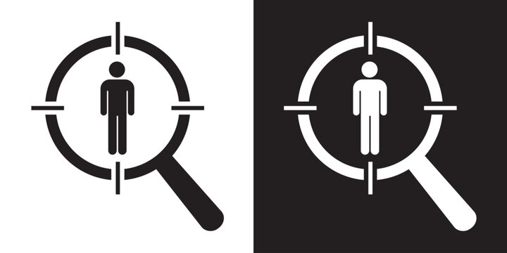 Target audience and recruitment icon. Magnifying glass with human silhouette inside, representing executive search, human resources tracking, or target customer profiling in black and white styles.