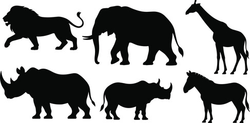 Collection of African safari animal silhouettes including lions elephants giraffes and rhinos for savanna wildlife nature designs © Romana