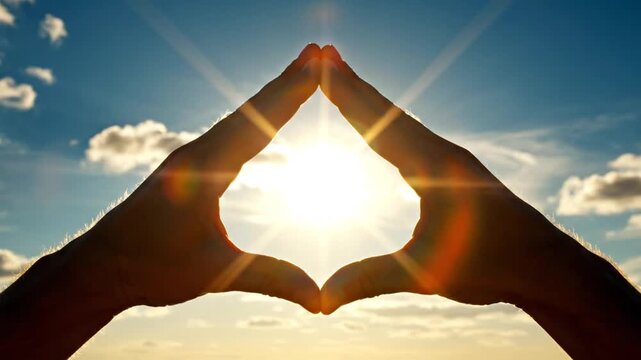 Hands Forming Triangle Shape Against Cloudy Sky.