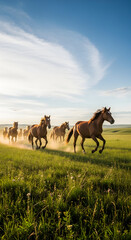 Horses Running Freely in Green Field.
