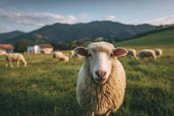 Fototapeta premium Curious Sheep in a Lush Green Pasture. Fluffy sheep standing in a vibrant green pasture with a grazing flock and rolling mountains in the background, rural landscape.