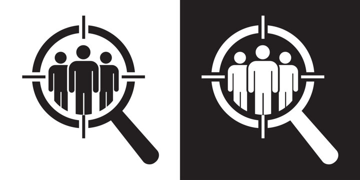 Target audience focus icon featuring three human silhouettes inside a magnifying glass with crosshairs. Represents recruitment, market research, and specialized lead generation strategies.