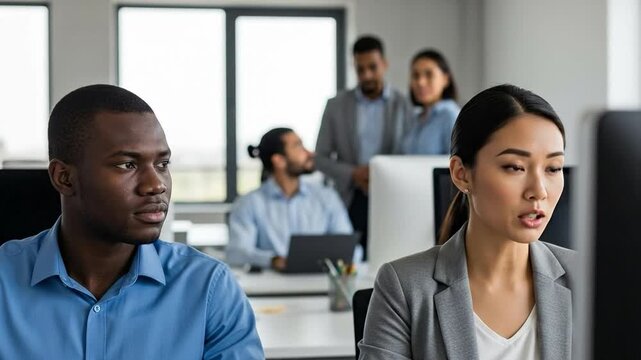 Black man and Asian woman experiencing workplace microaggressions in a diverse corporate office