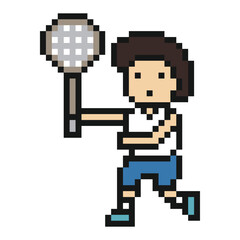 Fototapeta premium Cartoon man play tennis or badminton 8 bit with character,training,racket,cute,swing,court.
