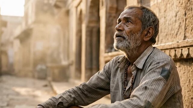 Elderly poor man in worn clothes sits on a sunlit ancient stone street, leaning on a carved wall, eyes cast down, surrounded by warm dusty light and weathered architectural details. Silver beard