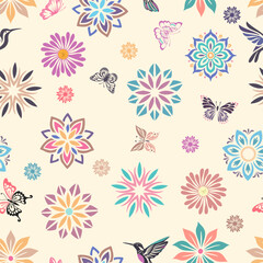 Obraz premium Hummingbird Butterfly Mandala Floral Seamless Summer Pattern
