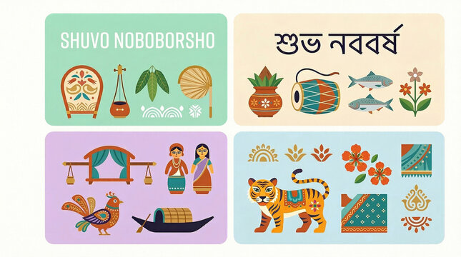 Bengali New Year Celebration: A vibrant collection of illustrations celebrating Bengali New Year, featuring cultural symbols, traditional motifs, and festive elements.