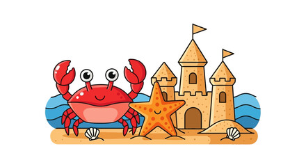 Cute Cartoon Crab, Starfish, and Sandcastle on a Sandy Beach with Blue Waves Vector Illustration for Summer Holiday Design