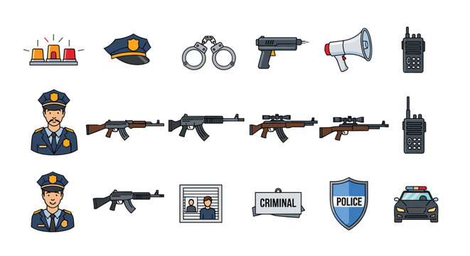 Detailed set of police and crime prevention icons featuring officers, patrol cars, rifles, handcuffs, and mugshot frames.