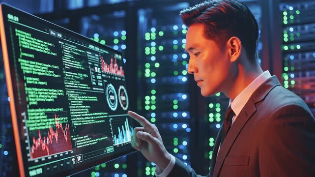 Cybersecurity data analysis and network security in a modern server room with young professional monitoring complex system logs for potential threats IT infrastructure digital protection and cyber