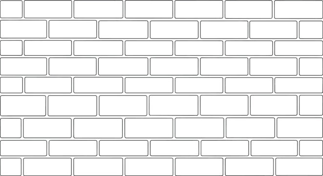 Seamless pattern of a brick wall with simple black outlines of rectangular bricks on a clean white background.