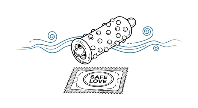 Hand drawn illustration of a textured condom and its square wrapper labeled safe love on a blue wavy background.