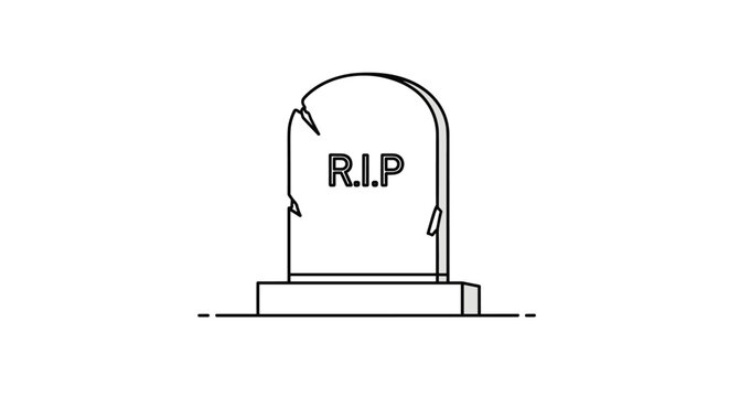 Simple line drawing of a cracked stone gravestone with the letters rip engraved on it against a white background.