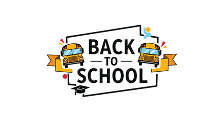 Back to school banner featuring two yellow school buses and various educational symbols in a framed layout for academic themes.