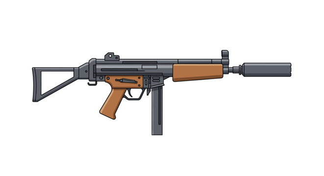 Detailed image of a tactical submachine gun with a wood-grain grip and a silencer attachment shown from a side profile view.