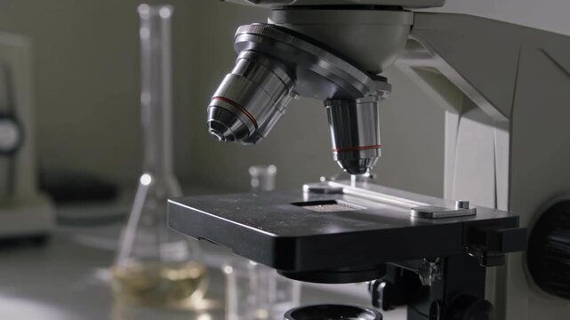 Laboratory microscope on research desk with glass flasks and samples in background, scientific equipment for biology analysis, medical testing, chemistry experiments and technology development.