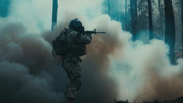A person in camouflage clothing holds a gun while standing in a forest