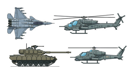 Fototapeta premium Detailed pixel art illustrations of various military vehicles including a jet fighter, a tank, and attack helicopters.