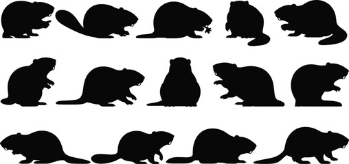 Large collection of beaver silhouette vector illustrations in various poses isolated on white background for wildlife nature design projects. © Romana