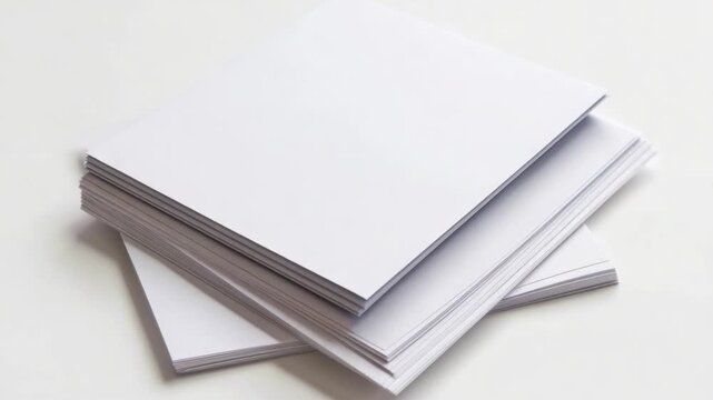 A stack of white paper sheets resting on a table, ideal for office or educational settings