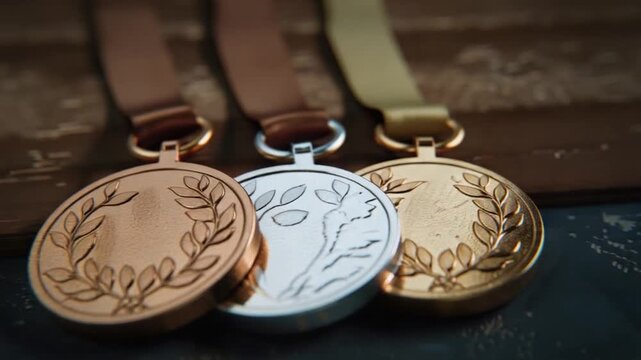 Three medals side by side on a flat surface, possibly for display or award