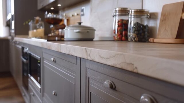 Stock  of a kitchen counter filled with various dishes, including breakfast and lunch items