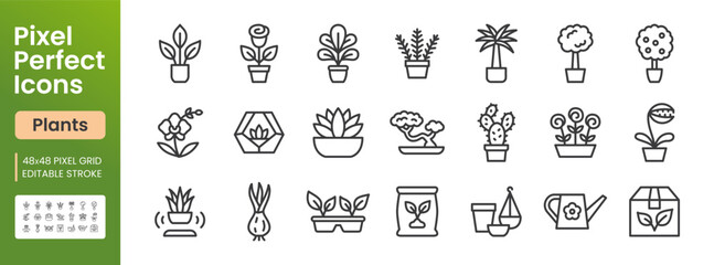Houseplants, indoor gardening line icon set. Potted flowers, cactus, succulent, bonsai, watering can minimal vector illustrations. Simple outline signs for plant. 48x48 Pixel Perfect. Editable Stroke. © nadiinko
