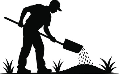 Obraz premium Man Spreading Soil With Shovel Silhouette