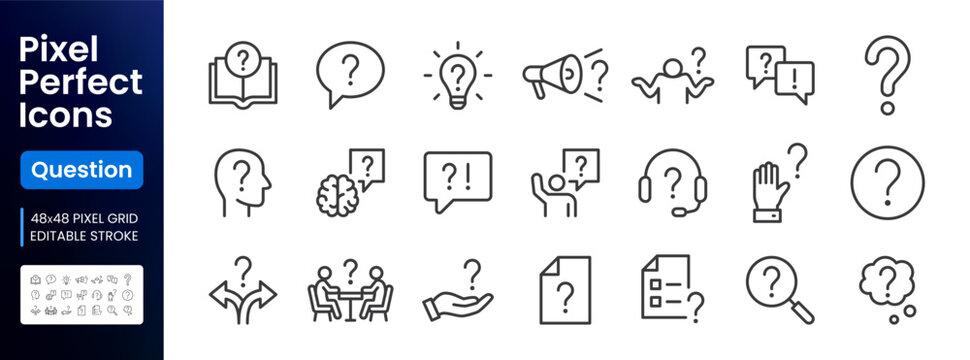 Help, ask question line icon set. FAQ, support, secret info, problem solution, brain, idea, message minimal vector illustrations. Simple outline signs for answer. 48x48 Pixel Perfect. Editable Stroke.