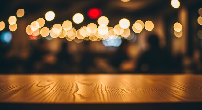 Warm inviting wooden table with blurred bokeh lights, cozy atmosphere, perfect for display, dark background