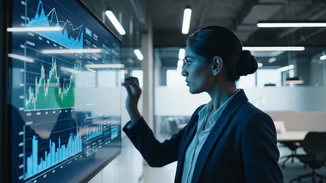 Data analysis business insights and financial forecasting in a modern office environment with female executive reviewing complex charts on large display screen Strategic planning market trends and